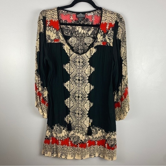 ANGIE Black Cream Tassel Rayon Long Sleeve Tunic Blouse Small - Picture 3 of 9